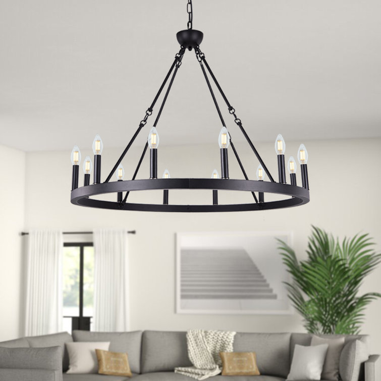 Gracie Oaks 12Light Black Wagon Wheel Chandelier Diam 38 Inch, Farmhouse Industrial Country
